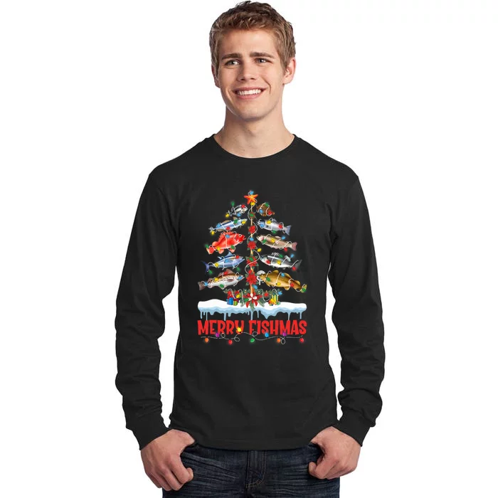 Fish Fishing Christmas Tree Lights Merry Fishmas Fishermen Tall Long Sleeve T-Shirt