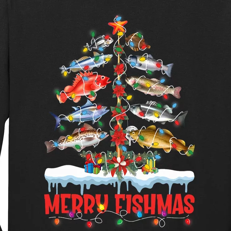 Fish Fishing Christmas Tree Lights Merry Fishmas Fishermen Tall Long Sleeve T-Shirt