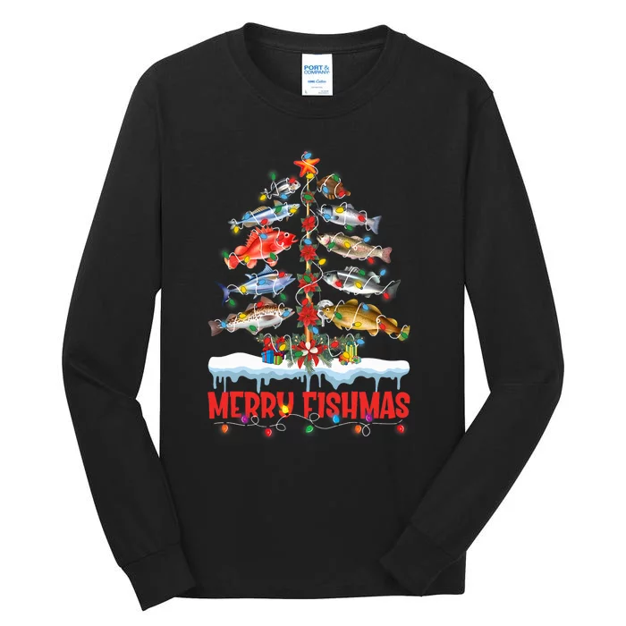 Fish Fishing Christmas Tree Lights Merry Fishmas Fishermen Tall Long Sleeve T-Shirt