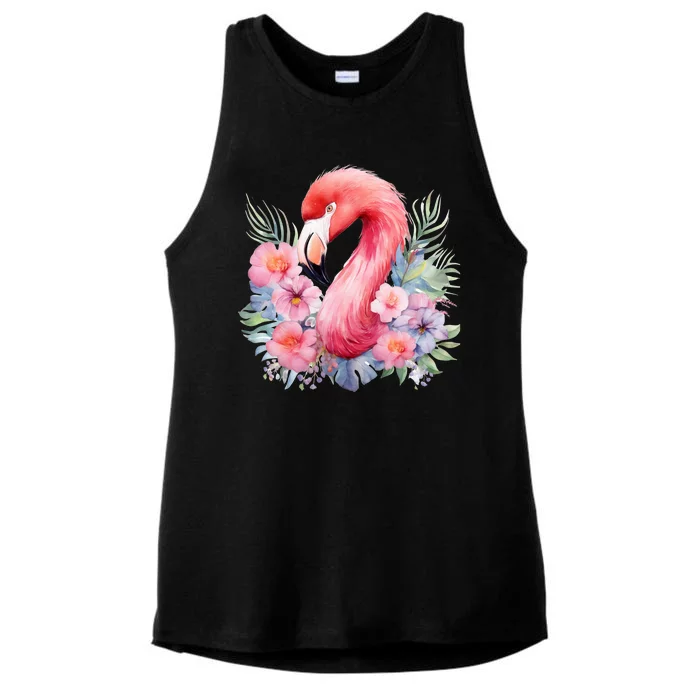 Floral Flamingo Cute Tropical Ladies Tri-Blend Wicking Tank