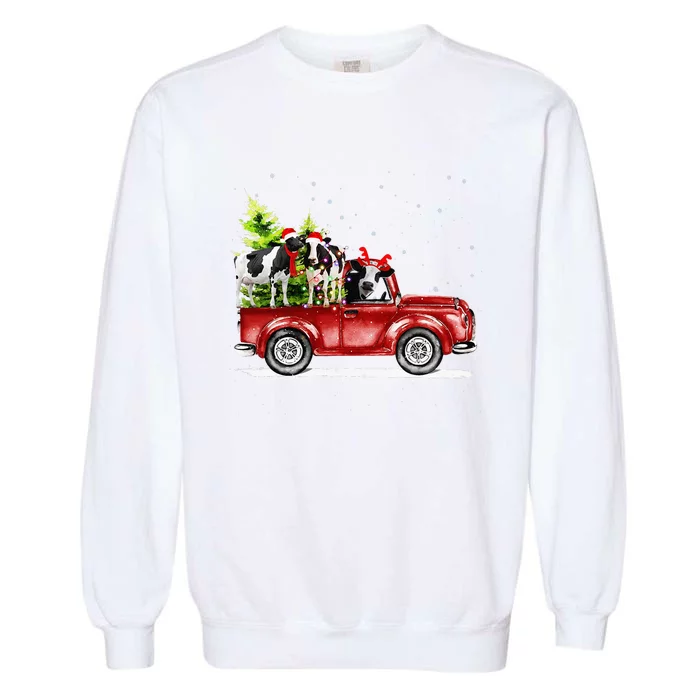 Festive Farmhouse Christmas Decor Three Cows in Red Truck with Santa Hat Garment-Dyed Sweatshirt