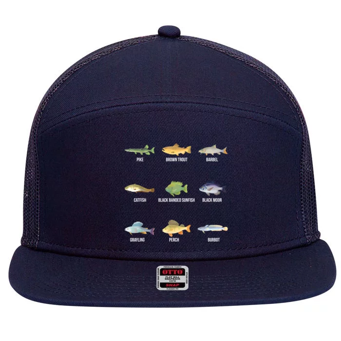 Funny Fishing Cute Types Of Freshwater Fish Species Gifts 7 Panel Mesh Trucker Snapback Hat