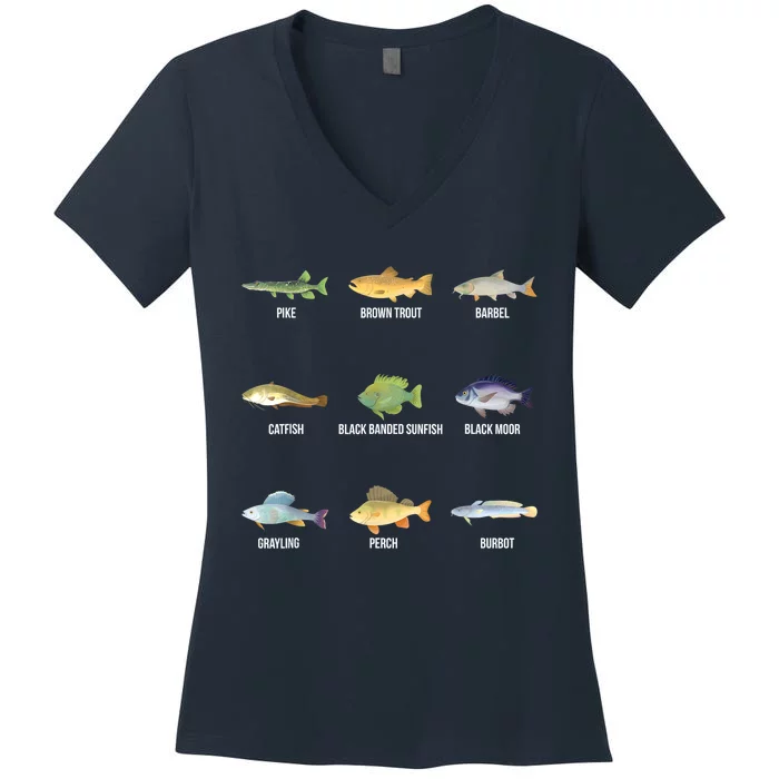 Funny Fishing Cute Types Of Freshwater Fish Species Gifts Women's V-Neck T-Shirt