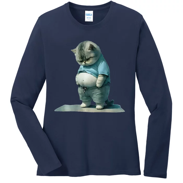 Funny Fat Cat Art Design Print Ladies Long Sleeve Shirt