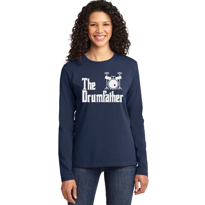 Funny Fathers Day The Drumfather Drummer Musician Dad Gift Ladies Long Sleeve Shirt