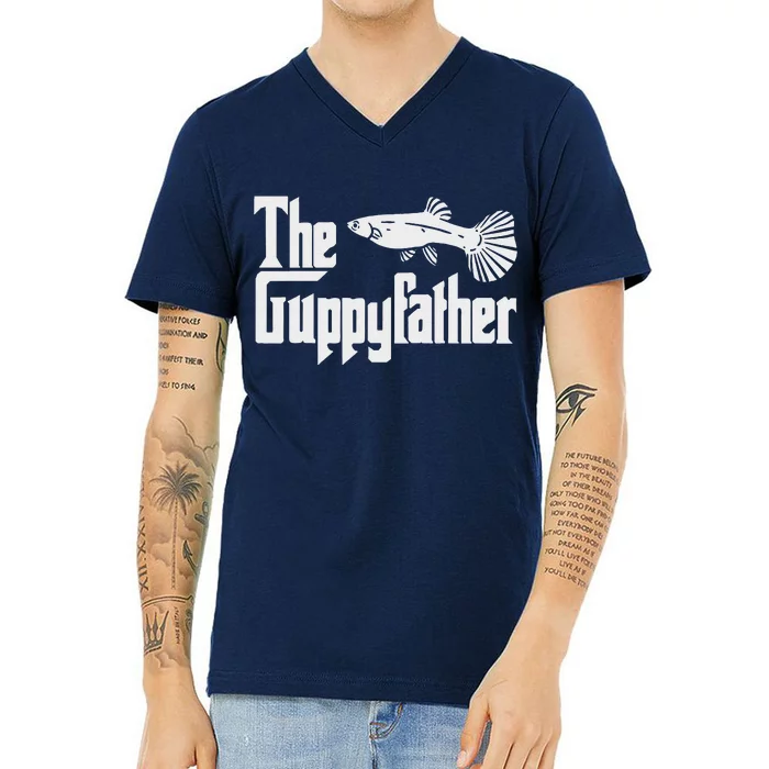 Funny Fathers Day The Guppyfather Fish Aquarium Pet Dad V-Neck T-Shirt