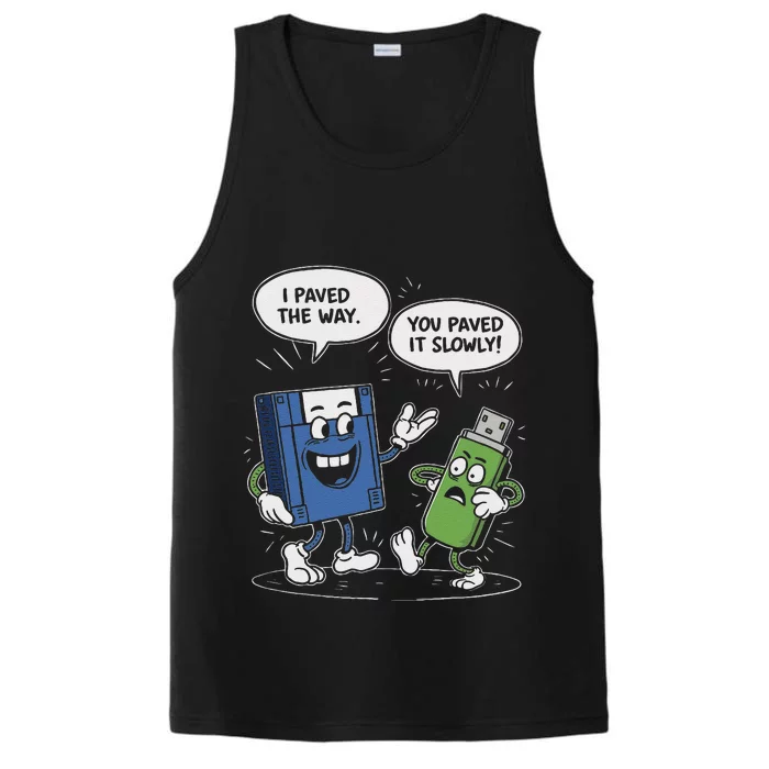 Funny Floppy Disk Vs. Usb Flash Drive Cartoon Design Performance Tank