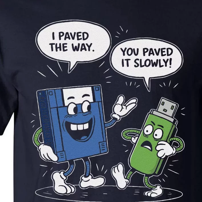 Funny Floppy Disk Vs. Usb Flash Drive Cartoon Design Tall T-Shirt