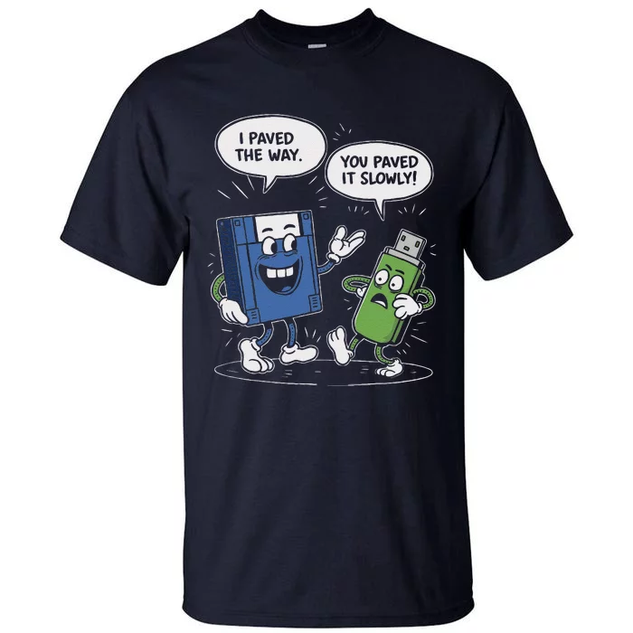 Funny Floppy Disk Vs. Usb Flash Drive Cartoon Design Tall T-Shirt