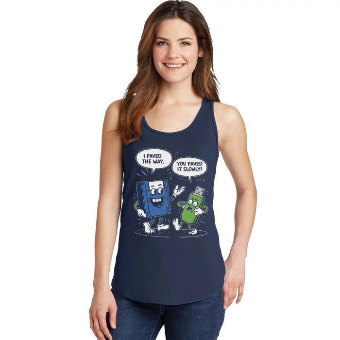 Funny Floppy Disk Vs. Usb Flash Drive Cartoon Design Ladies Essential Tank