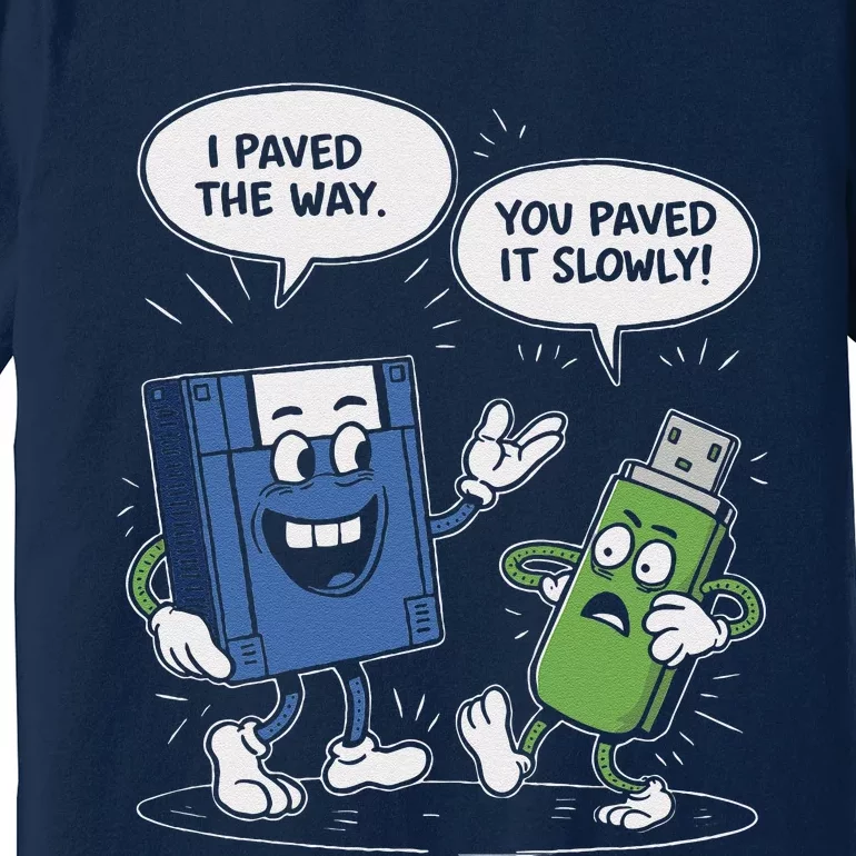 Funny Floppy Disk Vs. Usb Flash Drive Cartoon Design Premium T-Shirt