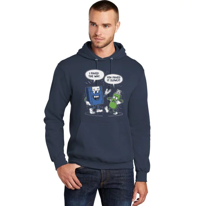 Funny Floppy Disk Vs. Usb Flash Drive Cartoon Design Tall Hoodie