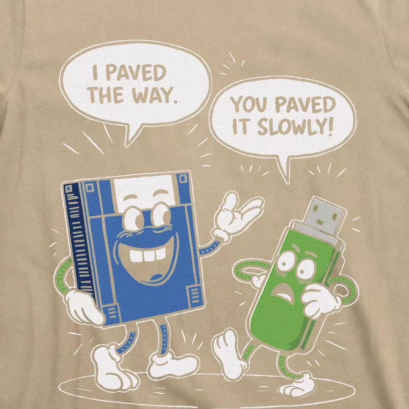 Funny Floppy Disk Vs. Usb Flash Drive Cartoon Design T-Shirt