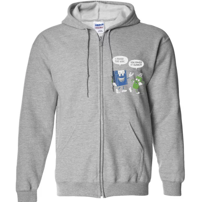 Funny Floppy Disk Vs. Usb Flash Drive Cartoon Design Full Zip Hoodie