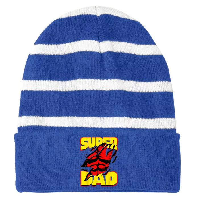 Funny Fatherss Day Dads Birthday Super Dad Hero For Dad Striped Beanie with Solid Band