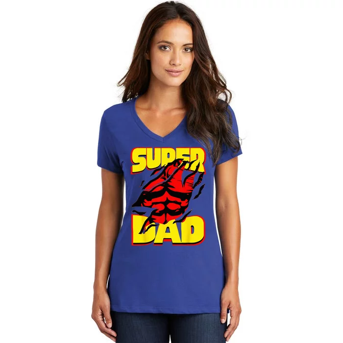 Funny Fatherss Day Dads Birthday Super Dad Hero For Dad Women's V-Neck T-Shirt