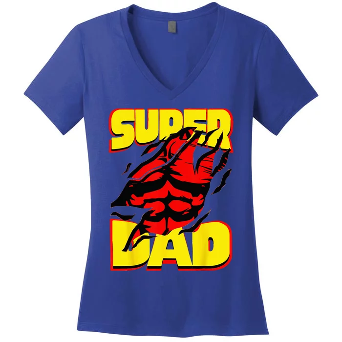 Funny Fatherss Day Dads Birthday Super Dad Hero For Dad Women's V-Neck T-Shirt