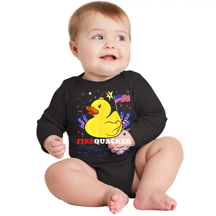 Funny Firecracker Duck 4th Of July Patriotic Day Usa Flag Gift Baby Long Sleeve Bodysuit