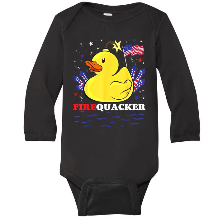 Funny Firecracker Duck 4th Of July Patriotic Day Usa Flag Gift Baby Long Sleeve Bodysuit