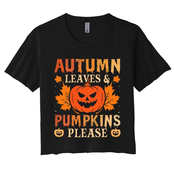 Festive Fall Decor Autumn Leaves and Pumpkin Halloween Women's Crop Top Tee