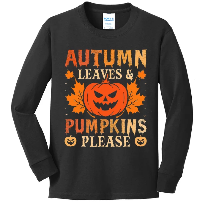 Festive Fall Decor Autumn Leaves and Pumpkin Halloween Kids Long Sleeve Shirt