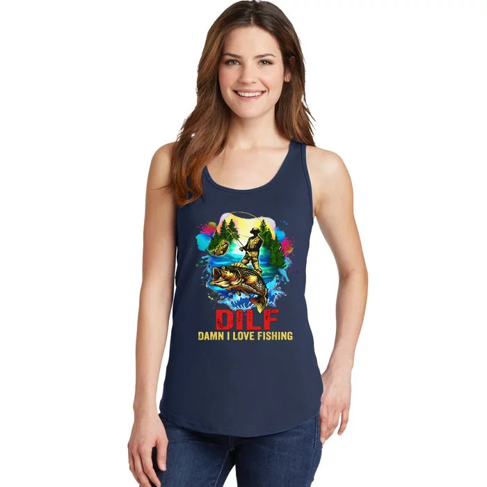 Funny Fishing DILF Damn I Love Fishing Addict Ladies Essential Tank