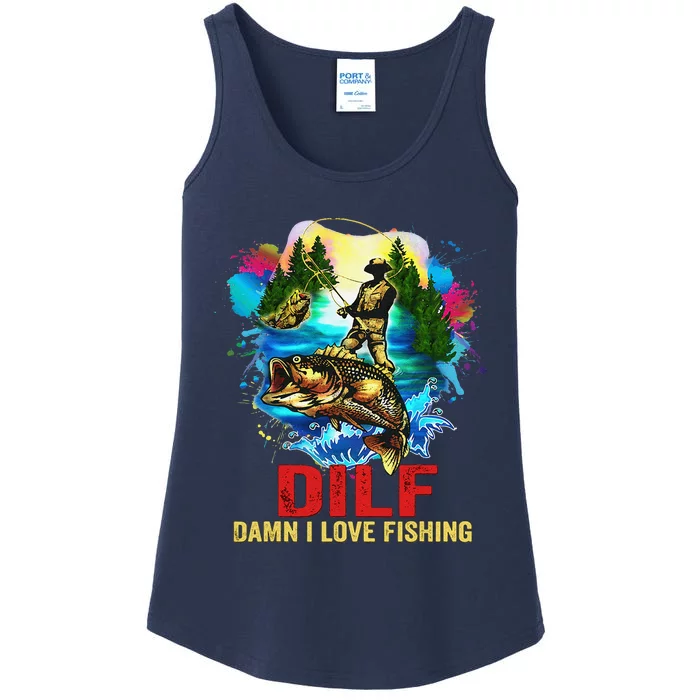 Funny Fishing DILF Damn I Love Fishing Addict Ladies Essential Tank