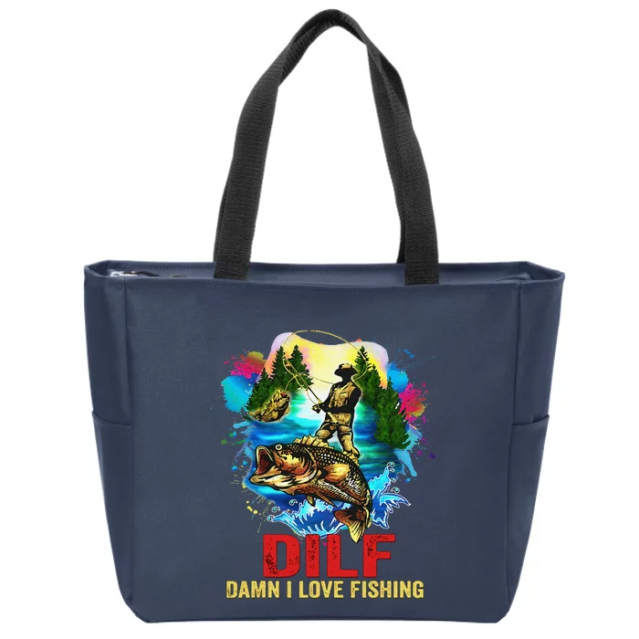 Funny Fishing DILF Damn I Love Fishing Addict Zip Tote Bag