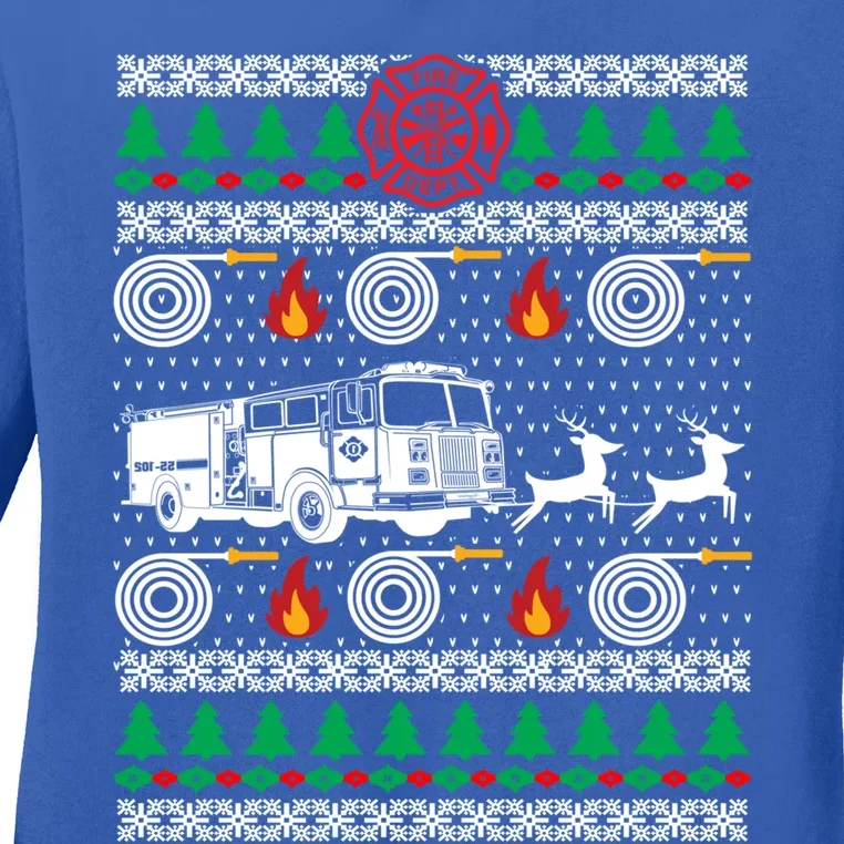 Firefighter Fire Dept Ugly Christmas Funny Xmas Pajama Funny Gift Ladies Long Sleeve Shirt