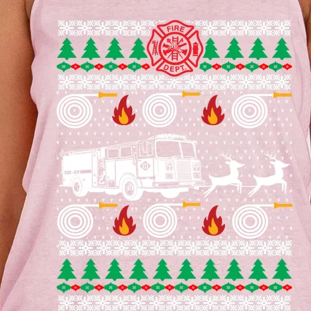 Firefighter Fire Dept Ugly Christmas Funny Xmas Pajama Funny Gift Women's Knotted Racerback Tank