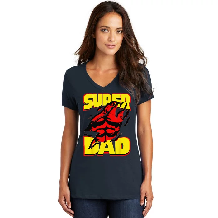 Funny Fatherss Day Dads Birthday Super Dad Hero For Dad Women's V-Neck T-Shirt