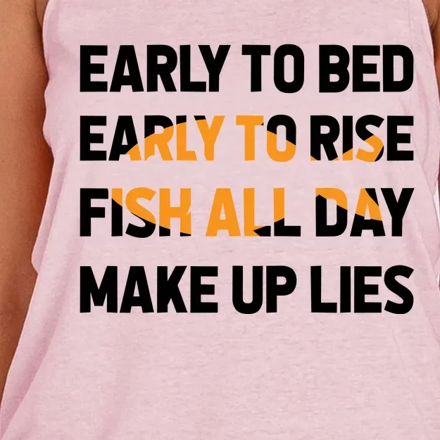 Funny Fishing Early To Bed Early To Rise Fish All Day Make Up Lies Women's Knotted Racerback Tank