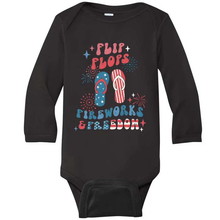 Flip Flops Fireworks & Freedom 4th Of July Baby Long Sleeve Bodysuit