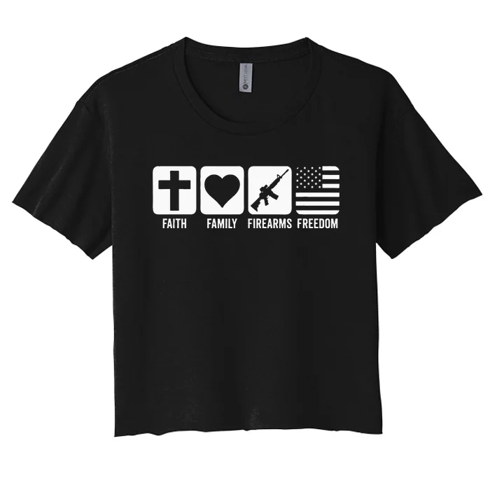 Faith Family Firearms & Freedom USA Flag Pro God & Guns Women's Crop Top Tee