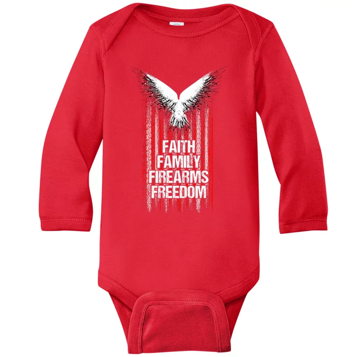 Faith Family Firearms & Freedom American Flag Pro God Guns Baby Long Sleeve Bodysuit