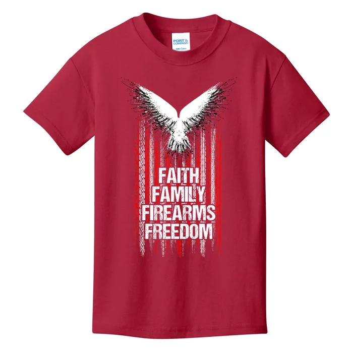 Faith Family Firearms & Freedom American Flag Pro God Guns Kids T-Shirt