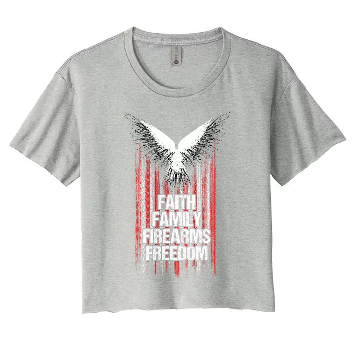 Faith Family Firearms & Freedom American Flag Pro God Guns Women's Crop Top Tee