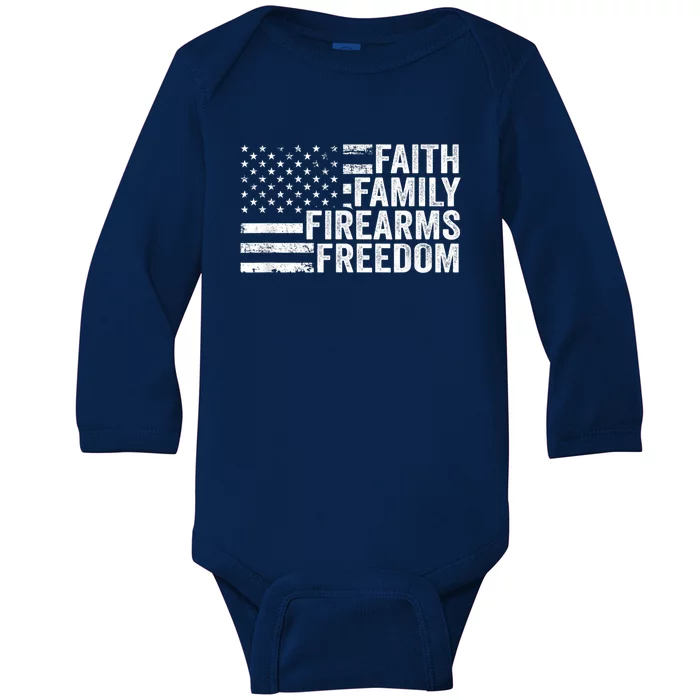 Faith Family Firearms & Freedom Pro God Guns American Flag Baby Long Sleeve Bodysuit