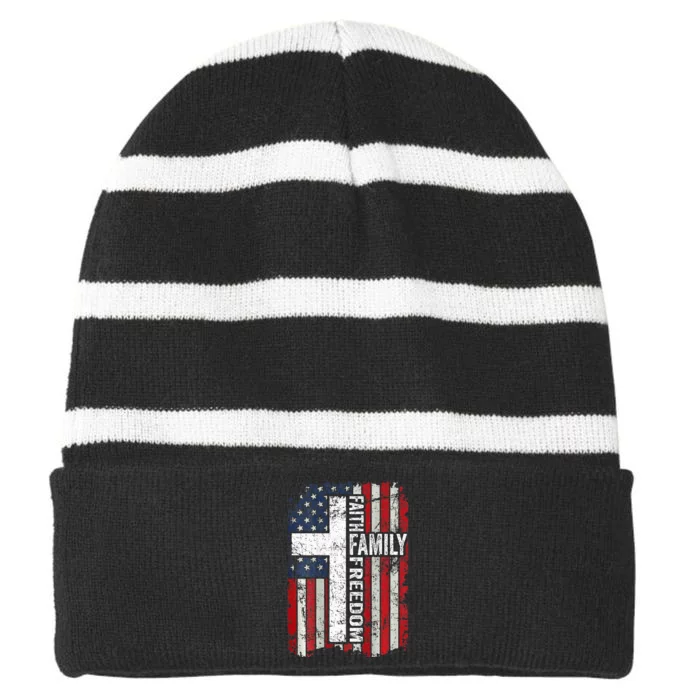 Faith Family Freedom Patriotic Christian USA Flag ON BACK Striped Beanie with Solid Band