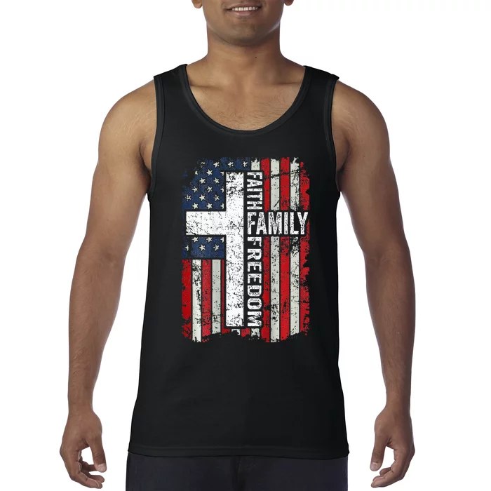 Faith Family Freedom Patriotic Christian USA Flag ON BACK Tank Top