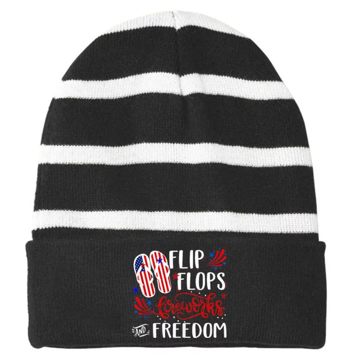 flip flops fireworks and freedom 4th of july Striped Beanie with Solid Band