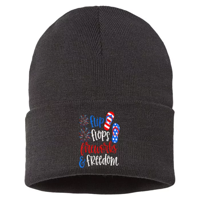 Flip Flops Fireworks And Freedom 4th Of July Us Flag Sustainable Knit Beanie