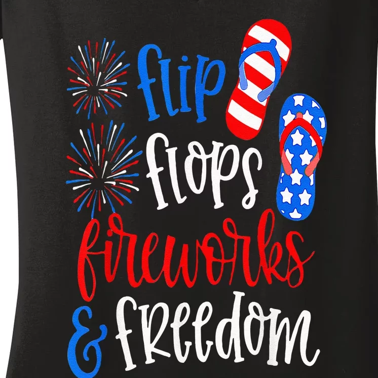 Flip Flops Fireworks And Freedom 4th Of July Us Flag Women's V-Neck T-Shirt