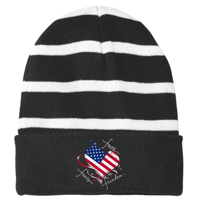 Faith Family Freedom USA Flag July 4th American Striped Beanie with Solid Band