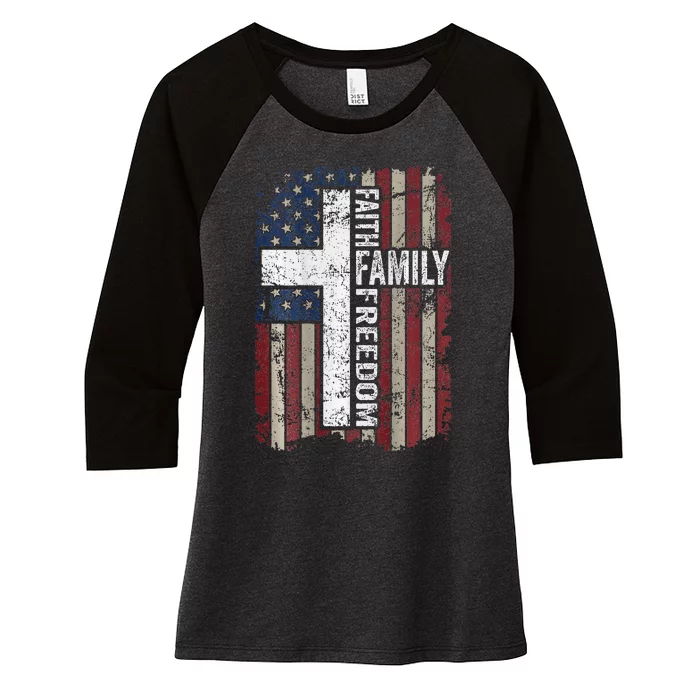 Faith Family Freedom Christian Vintage Usa Flag Women's Tri-Blend 3/4-Sleeve Raglan Shirt