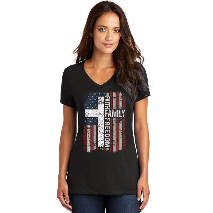 Faith Family Freedom Christian Vintage Usa Flag Women's V-Neck T-Shirt