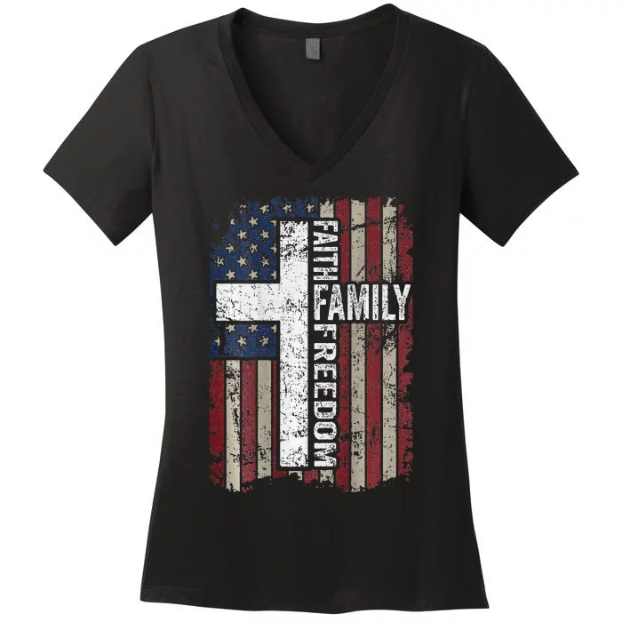 Faith Family Freedom Christian Vintage Usa Flag Women's V-Neck T-Shirt