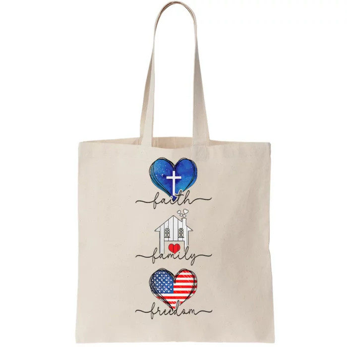 Faith Family Freedom Hearts  4th of July Patriotic Flag Tote Bag