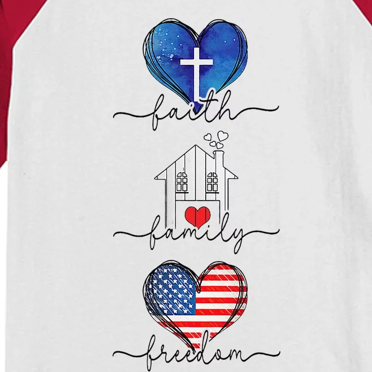 Faith Family Freedom Hearts  4th of July Patriotic Flag Kids Colorblock Raglan Jersey