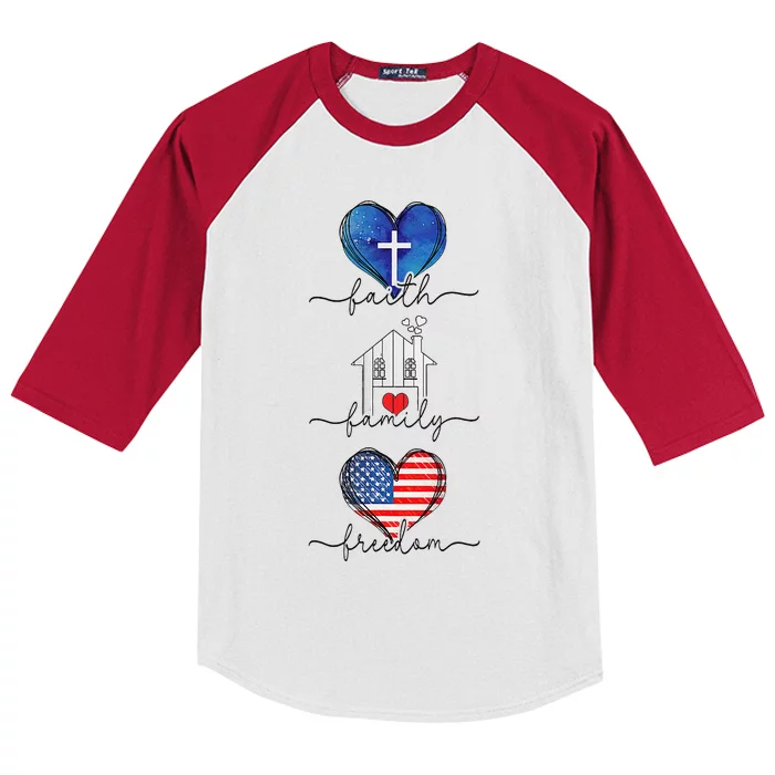 Faith Family Freedom Hearts  4th of July Patriotic Flag Kids Colorblock Raglan Jersey